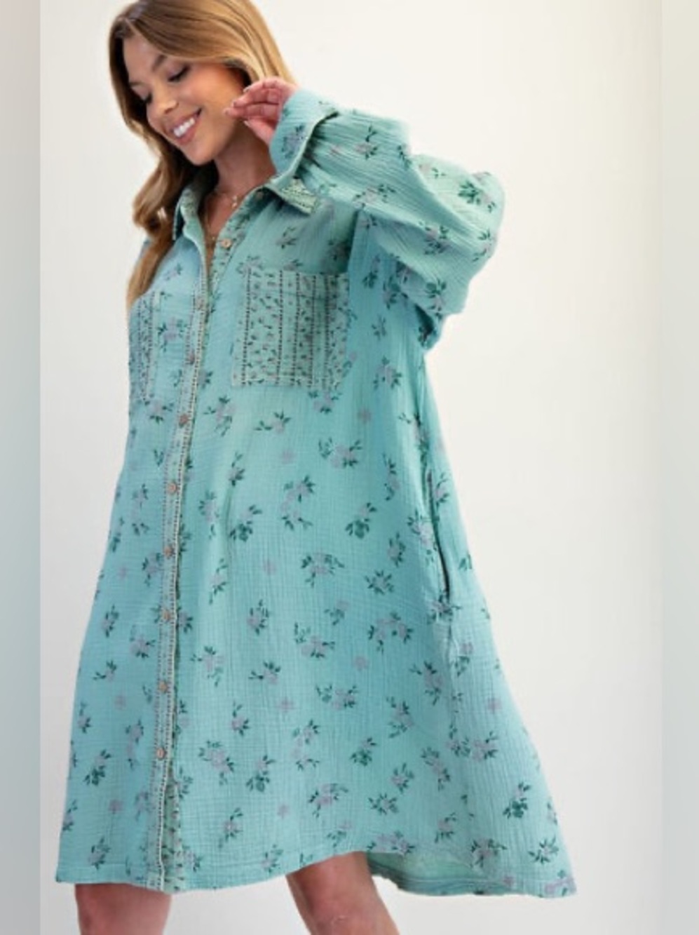Easel Boho Shirt Dress light green gauze pocket Floral Button-Down Shacket